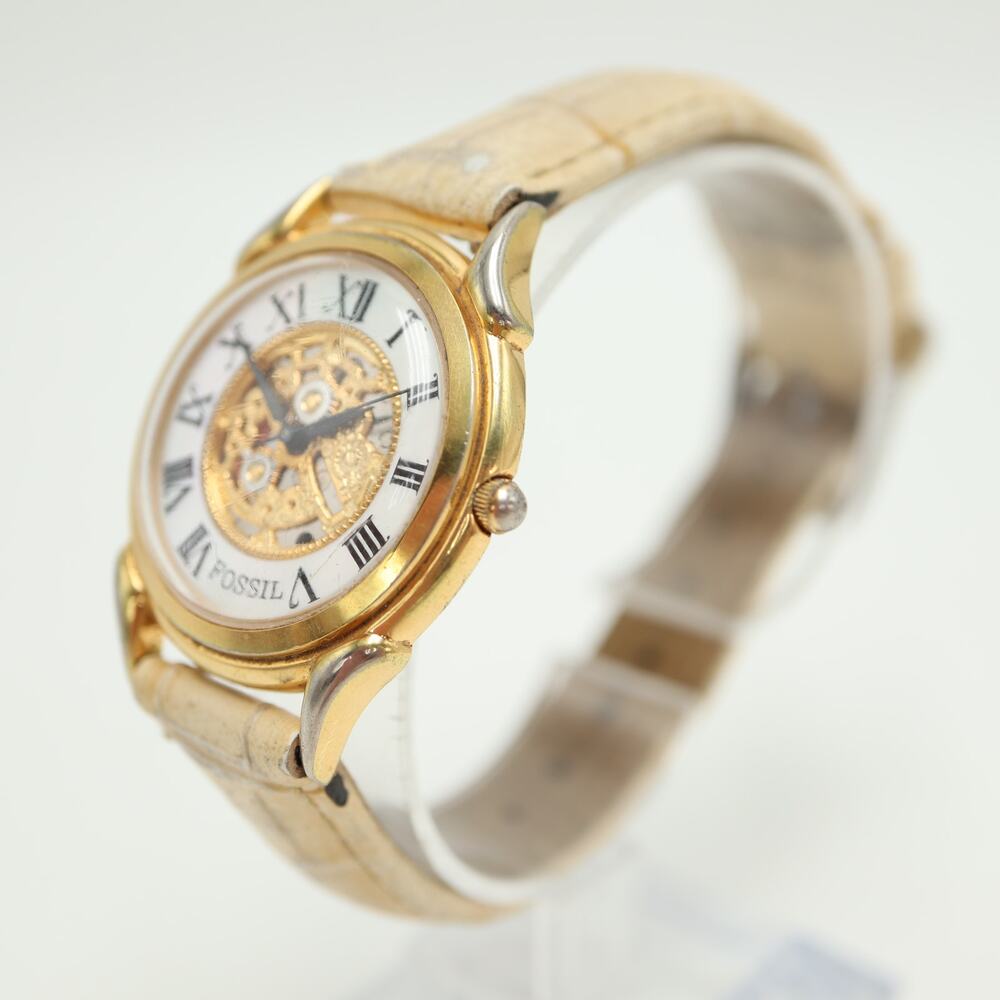 Vintage Fossil Faux Skeleton MOP 34mm Unisex Watch Beige Leather w New Battery - Picture 10 of 15